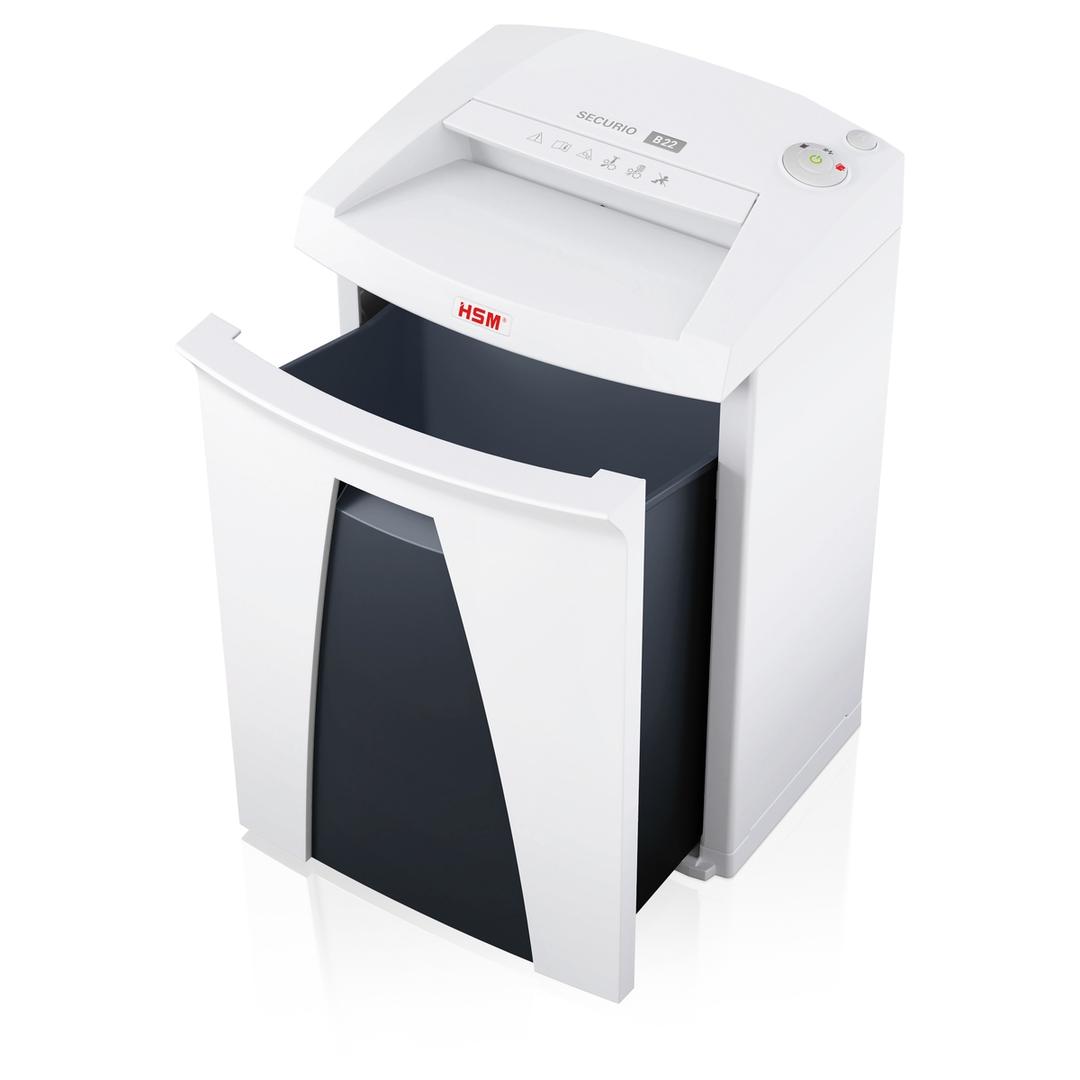 Destructeur de documents très confidentiels P5 Coupe croisée B22 Securio 1,9 x 15 mm HSM — Bac collecteur ouvert