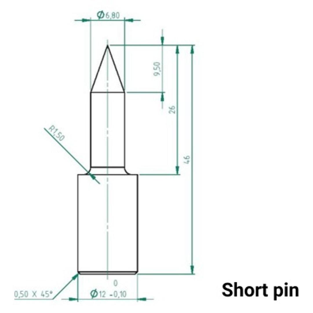 Broches de perforation de rechange en acier à outils trempé Kit de broches MMD360+ PRODEVICE - Plan coté de la broche courte PRODEVICE pour destructeur MMD360+