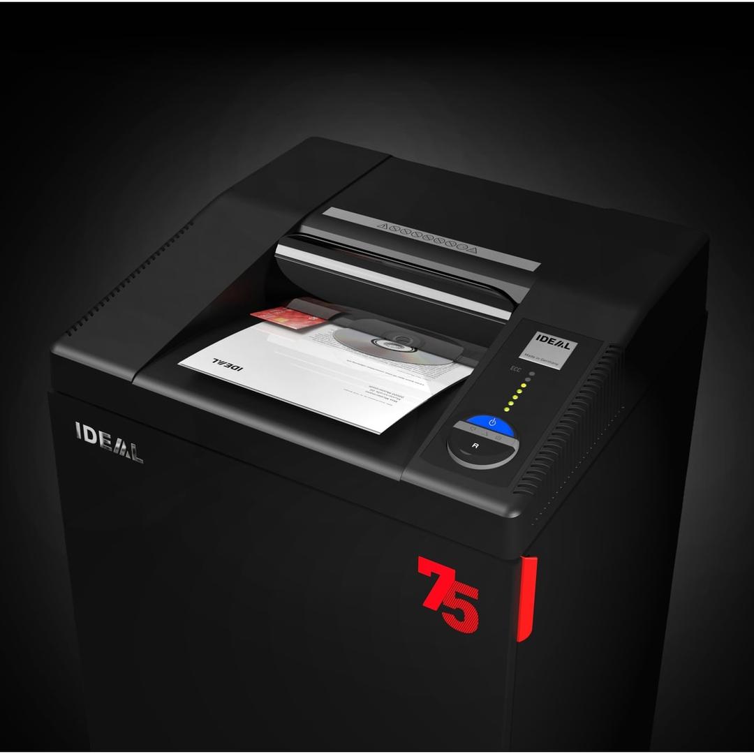 Dessus du destructeur IDEAL 2604-75 CC avec une feuille et un CD engagés dans la fente