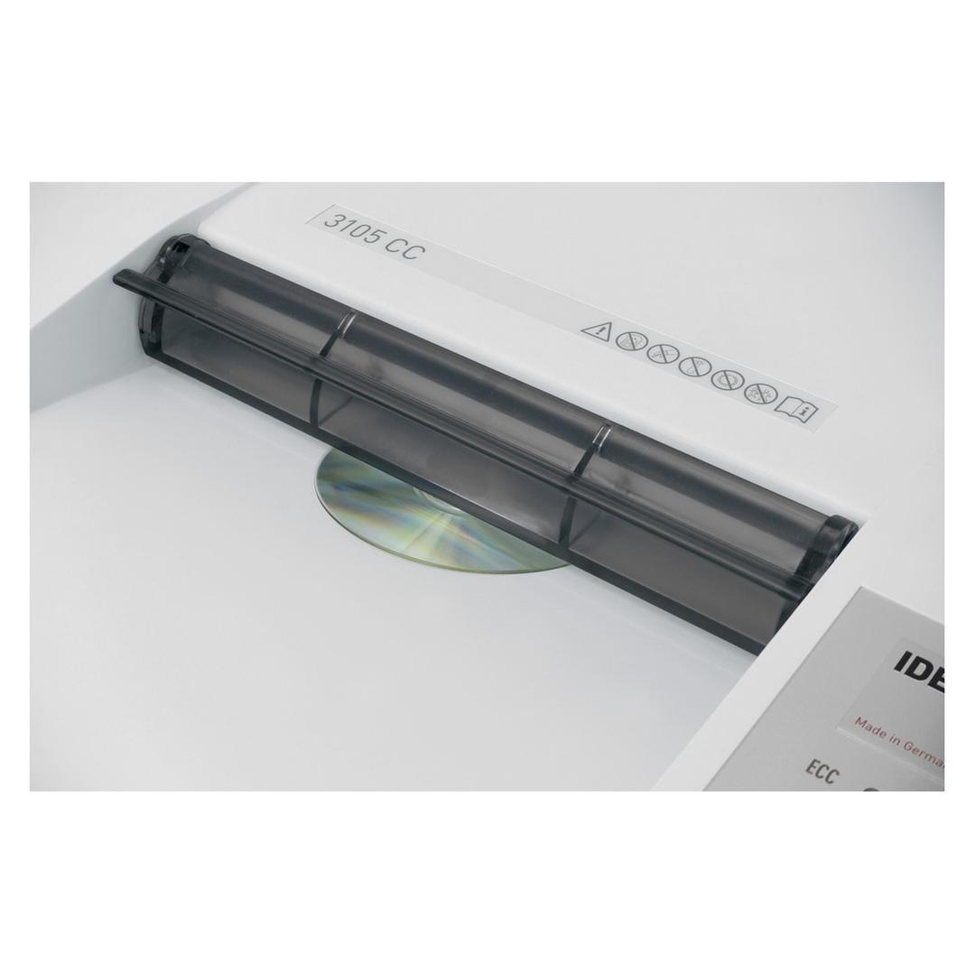 Destructeur de documents très confidentiels P5 Coupe croisée 3105 C/C 2 x 15 mm équipé d'un huileur automatique IDEAL — Insertion cd