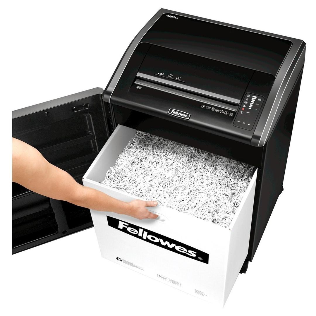 Destructeur de documents confidentiels P4 Coupe croisée Powershred 485Ci 4 x 30 mm avec huileur automatique FELLOWES — Bac collecteur ouvert