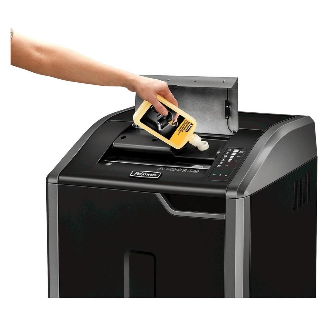 Destructeur de documents confidentiels P4 Coupe croisée Powershred 425Ci 4 x 30 mm avec huileur automatique FELLOWES — Détail lubrification automatique