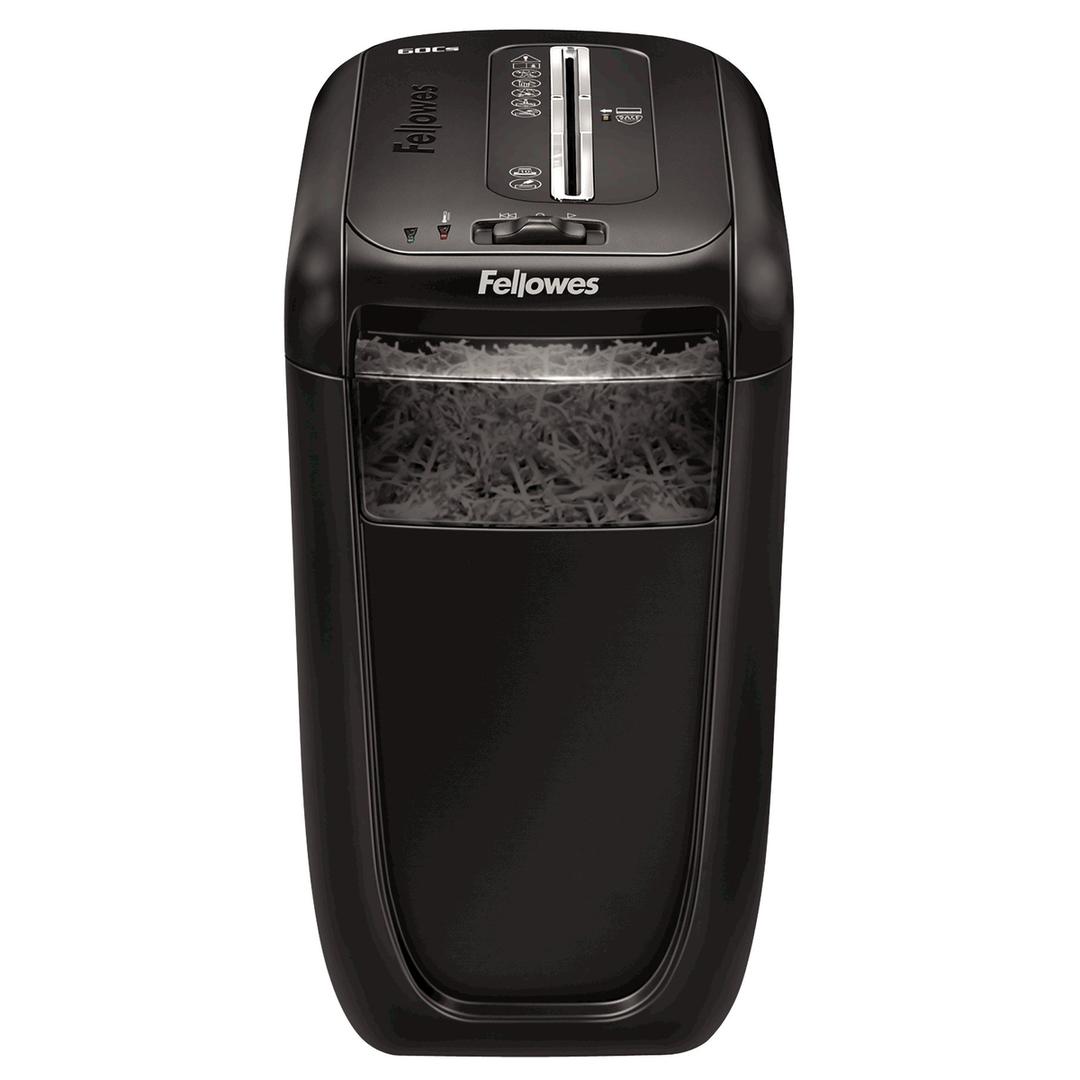 Destructeur de documents confidentiels P4 Coupe croisée Powershred 60Cs 4 x 50 mm FELLOWES — Vu de face, bandeau de commande et fente d'introduction