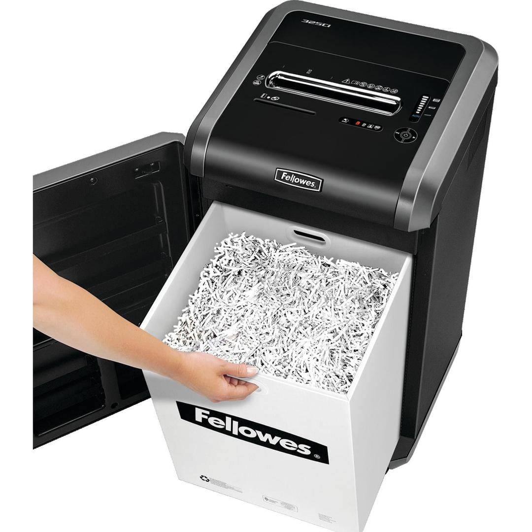 Destructeur de documents confidentiels P4 Coupe croisée Powershred 325Ci 4 x 38 mm FELLOWES - Porte ouverte et corbeille de 83 litres du destructeur de documents Fellowes Powershred 325Ci