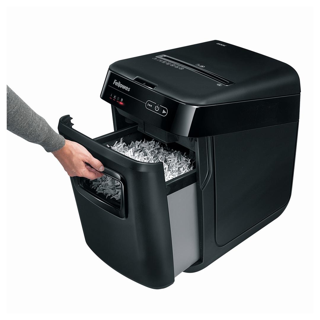 Destructeur de documents confidentiels P4 Coupe croisée Insertion papier automatique AutoMax 200C 4 x 38 mm avec insertion papier automatique FELLOWES — Bac extractible