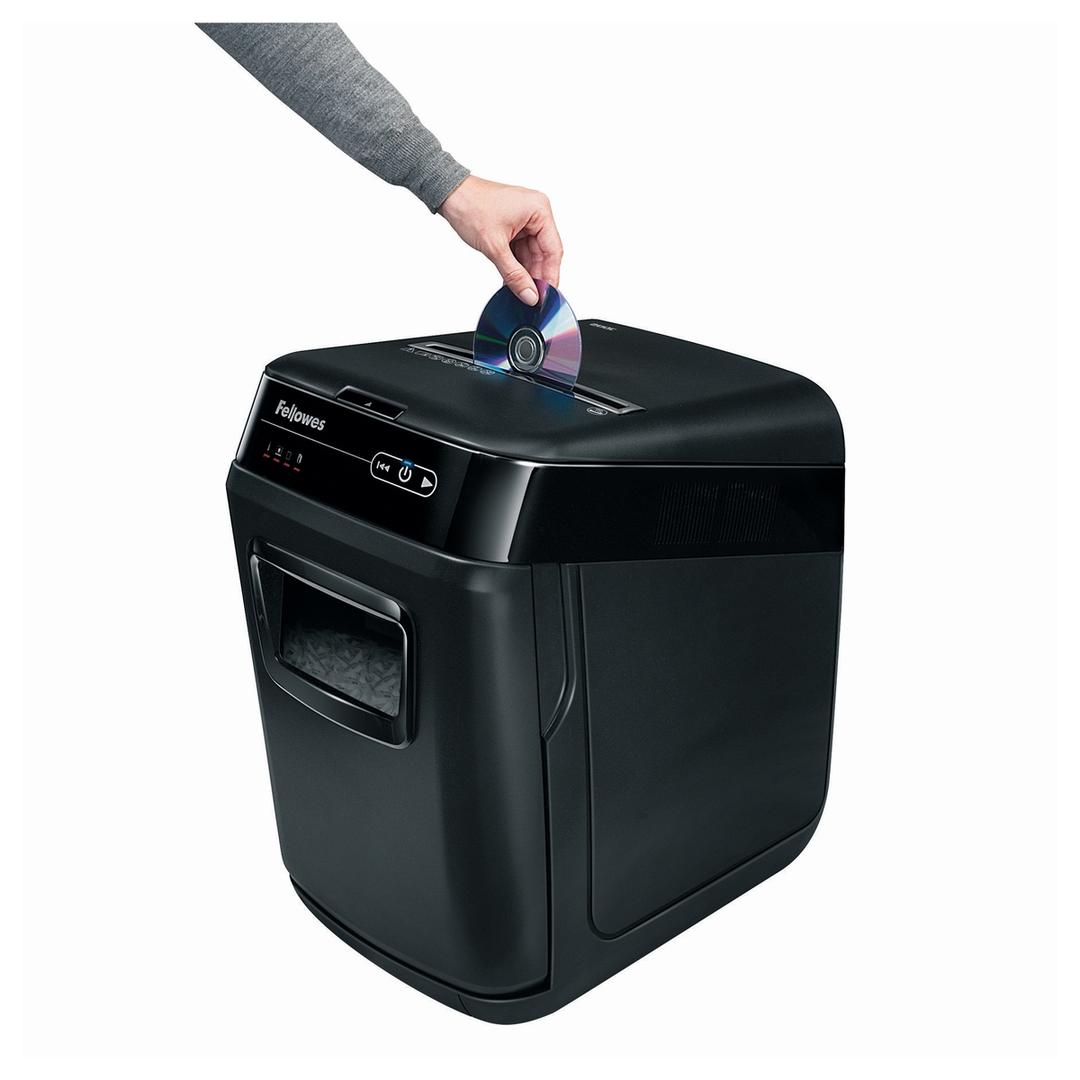 Destructeur de documents confidentiels P4 Coupe croisée Insertion papier automatique AutoMax 200C 4 x 38 mm avec insertion papier automatique FELLOWES — Insertion cd