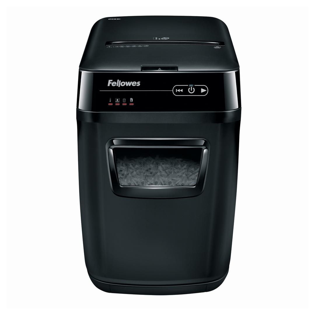 Destructeur de documents confidentiels P4 Coupe croisée Insertion papier automatique AutoMax 200C 4 x 38 mm avec insertion papier automatique FELLOWES — Vue de face