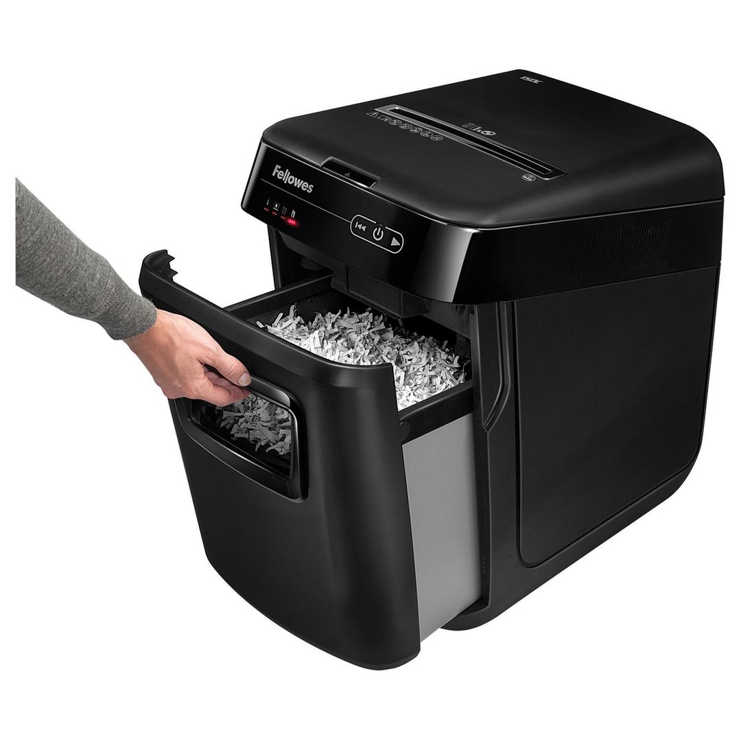 Destructeur de documents confidentiels P4 Coupe croisée Insertion papier automatique AutoMax 150C 4 x 38 mm avec insertion papier automatique FELLOWES — Bac extractible