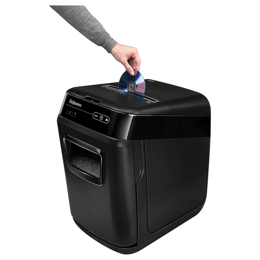 Destructeur de documents confidentiels P4 Coupe croisée Insertion papier automatique AutoMax 150C 4 x 38 mm avec insertion papier automatique FELLOWES — Insertion cd