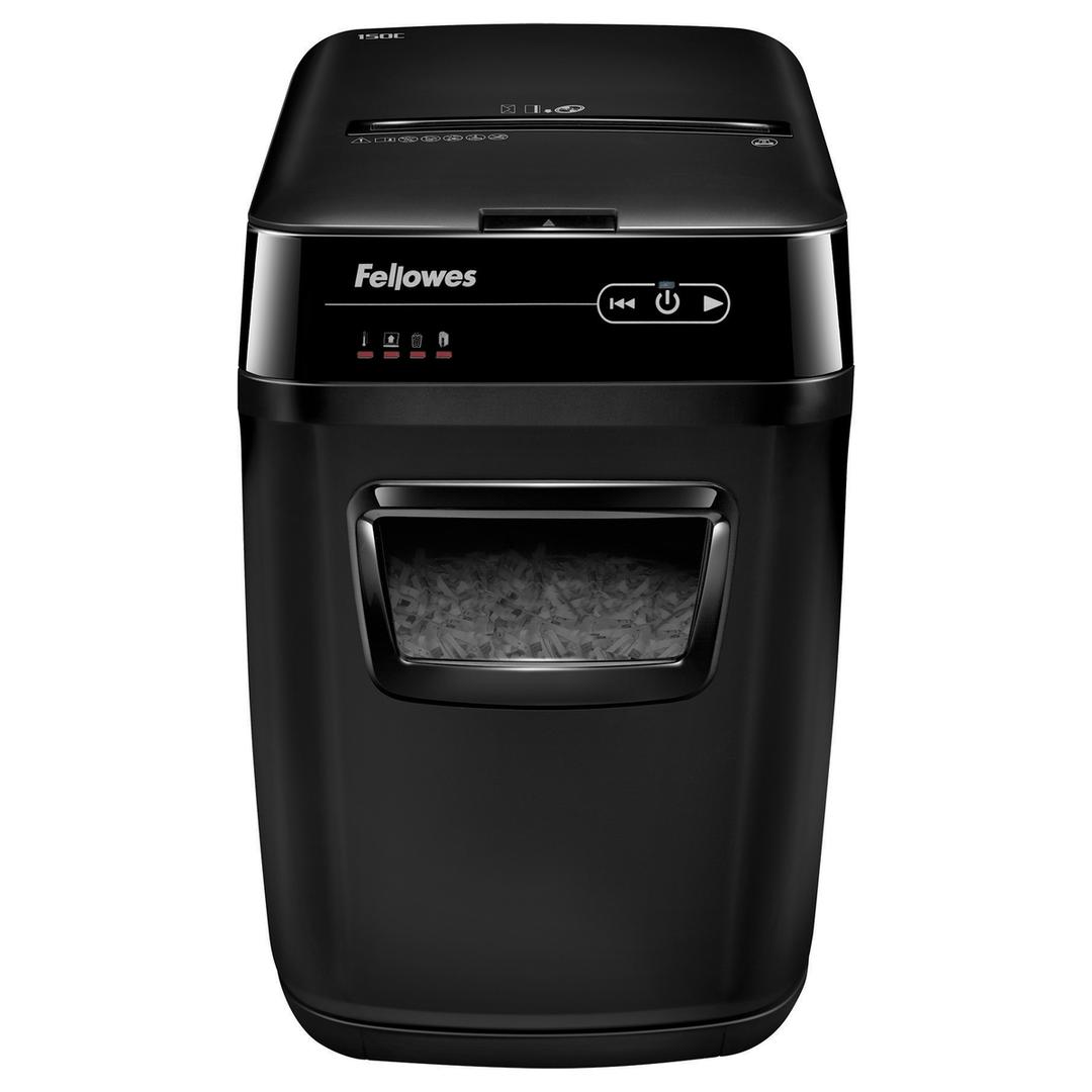 Destructeur de documents confidentiels P4 Coupe croisée Insertion papier automatique AutoMax 150C 4 x 38 mm avec insertion papier automatique FELLOWES — Vue de face