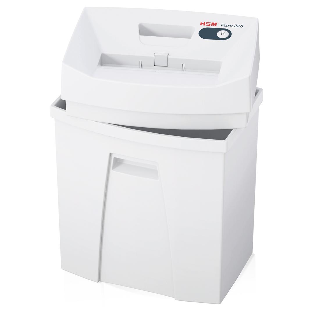 Destructeur de documents P2 Coupe droite 220 Pure 3,9 mm HSM — Bac collecteur ouvert