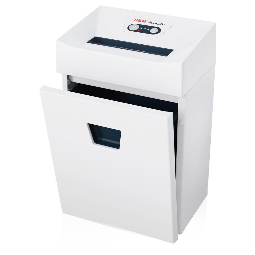 Destructeur de documents P2 Coupe droite 320 Pure 5,8 mm HSM — Bac collecteur ouvert