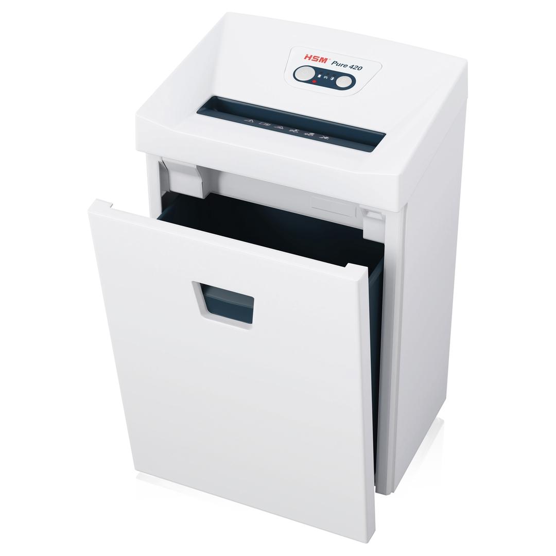 Destructeur de documents P2 Coupe droite 420 Pure 3,9 mm HSM — Bac collecteur ouvert