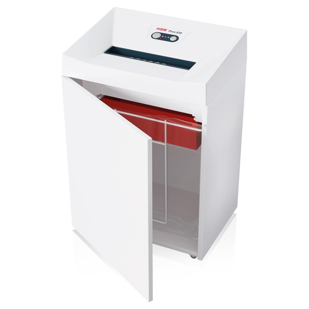 Destructeur de documents confidentiels P4 Coupe croisée 530 Pure 4,5 x 30 mm HSM — Bac collecteur cd ouvert