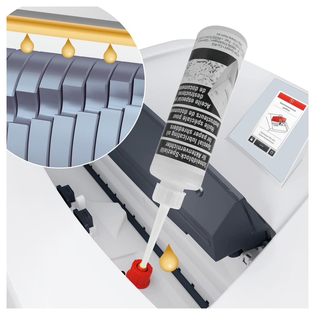 Destructeur de documents très confidentiels P5 Coupe croisée Forte capacité Huileur automatique P40i Securio 1,9 x 15 mm HSM — Détails huileur automatique