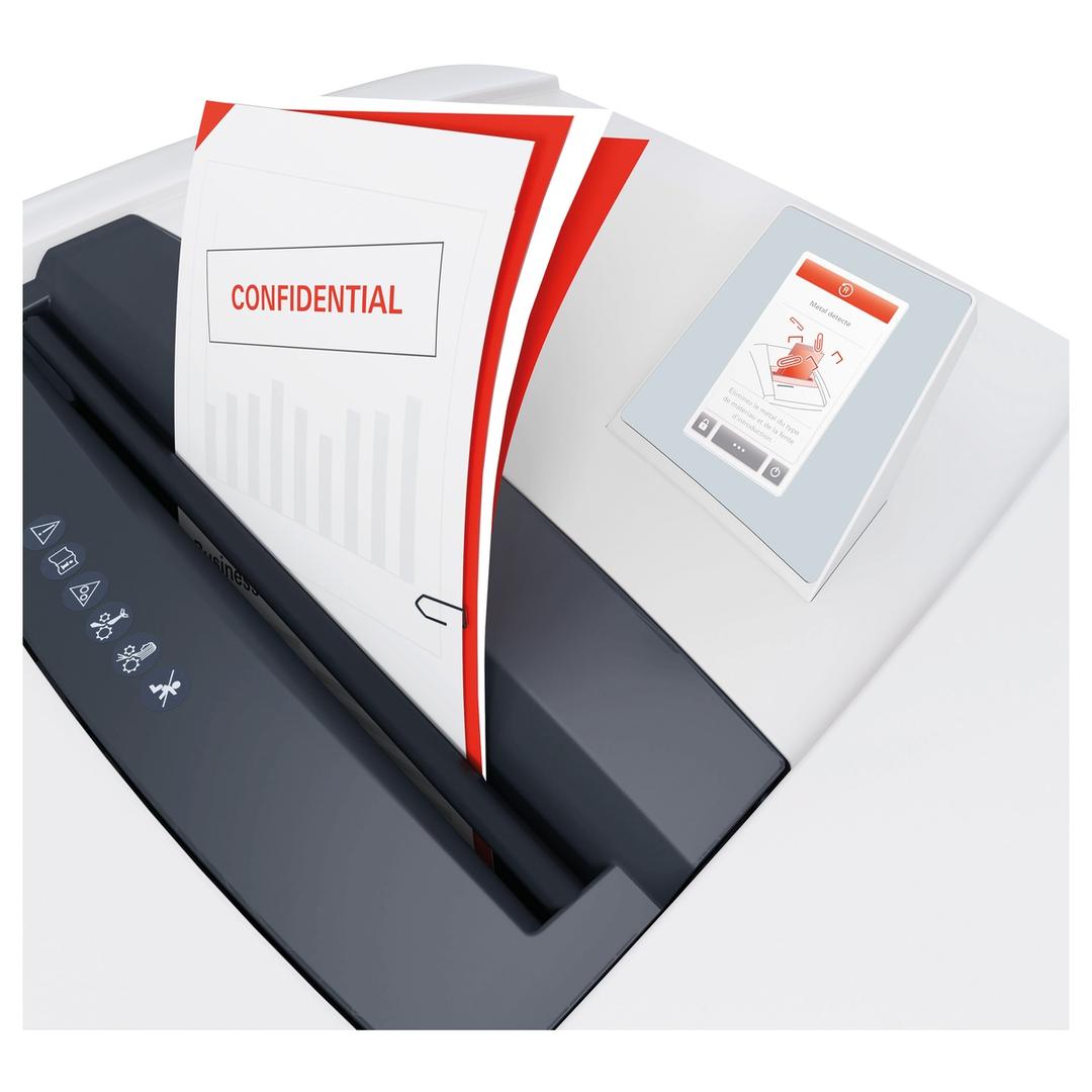 Destructeur de documents très secrets P7 Coupe micro-particules Forte capacité Huileur automatique P44i Securio 1 x 5 mm Bloc de coupe CD (2 X 2 mm) OMDD et reconnaissance de métaux HSM — Détection métal