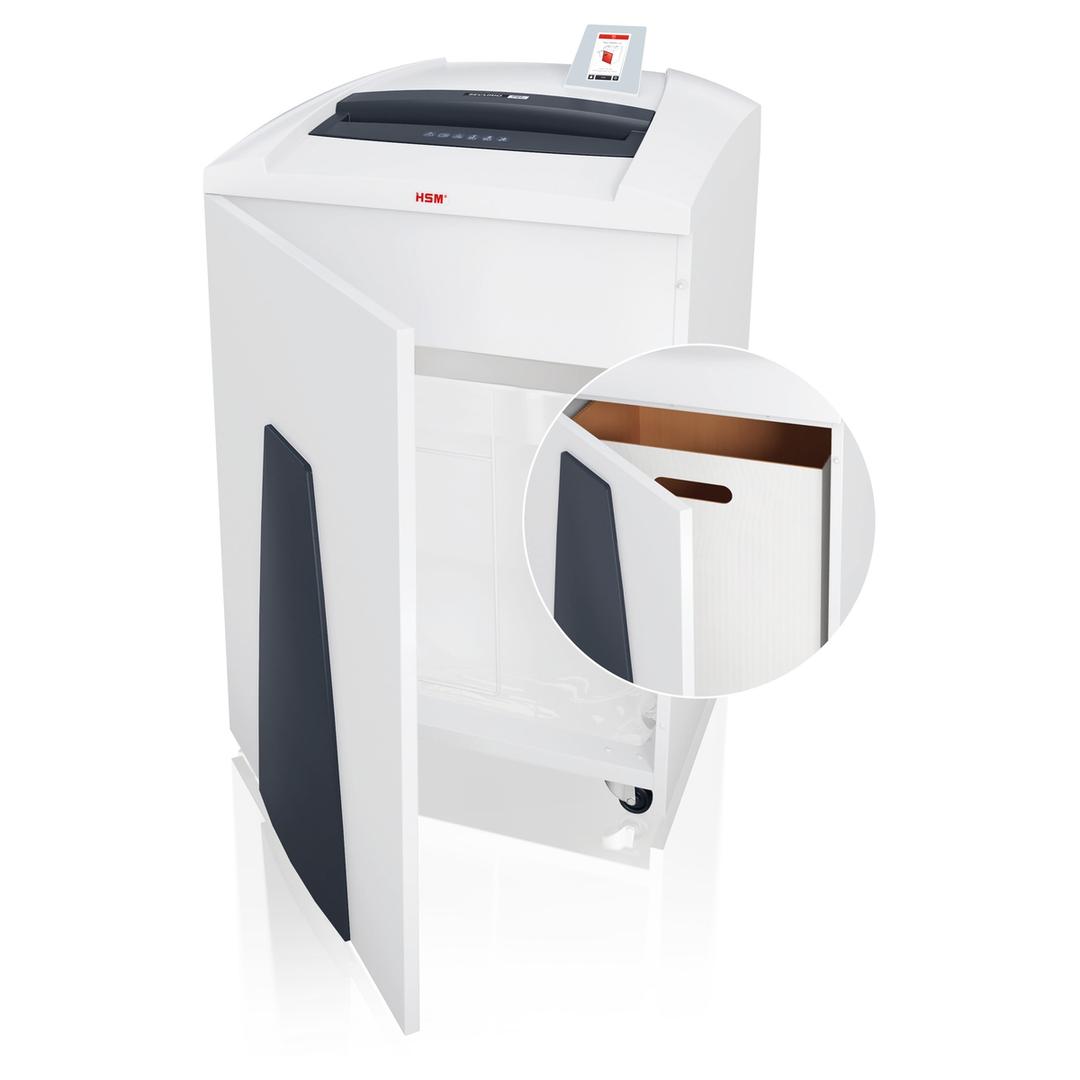 Destructeur de documents secrets P6 Coupe micro-particules Forte capacité Huileur automatique P44i Securio 0.78 x 11 mm Bloc de coupe CD (2 X 2 mm) OMDD HSM — Collecteur ouvert avec boite carton
