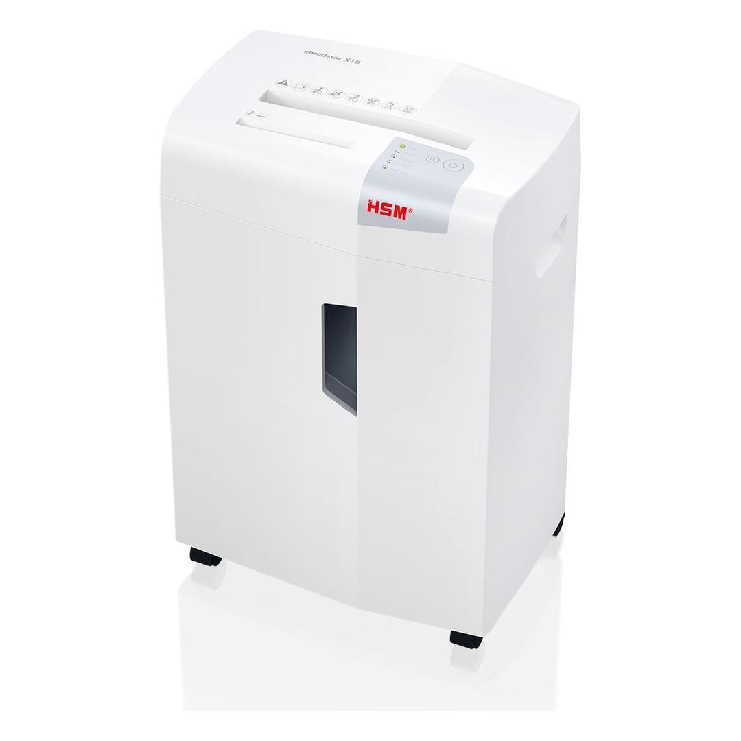 Destructeur de documents confidentiels P4 Coupe croisée X15 Shredstar 4 x 37 mm HSM - Destructeur de documents HSM shredstar X15, vu de trois quarts