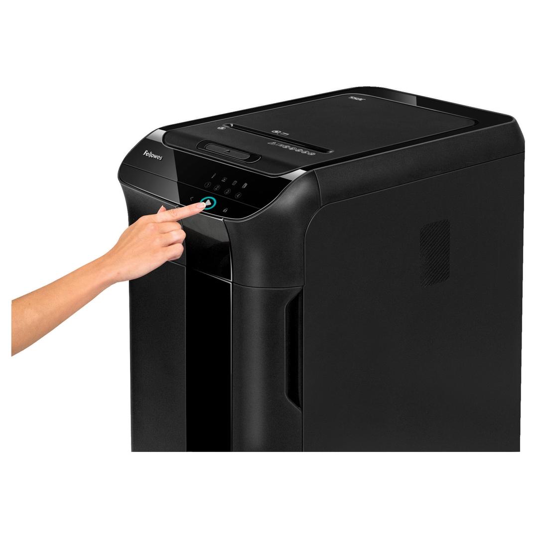 Destructeur de documents confidentiels P4 Coupe croisée Insertion papier automatique AutoMax 550C 4 x 38 mm avec insertion papier automatique FELLOWES — Bouton power