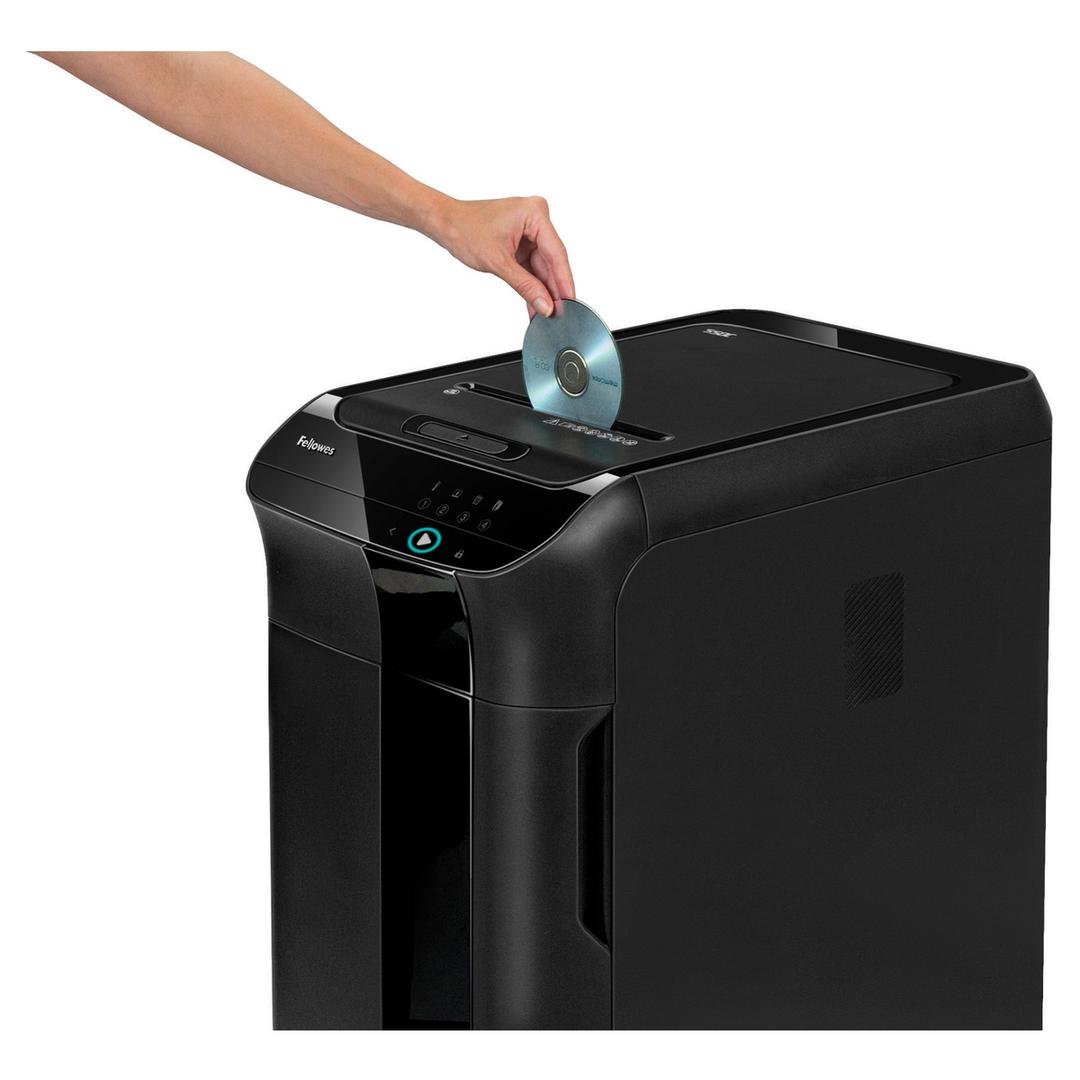 Destructeur de documents confidentiels P4 Coupe croisée Insertion papier automatique AutoMax 550C 4 x 38 mm avec insertion papier automatique FELLOWES — Insertion cd