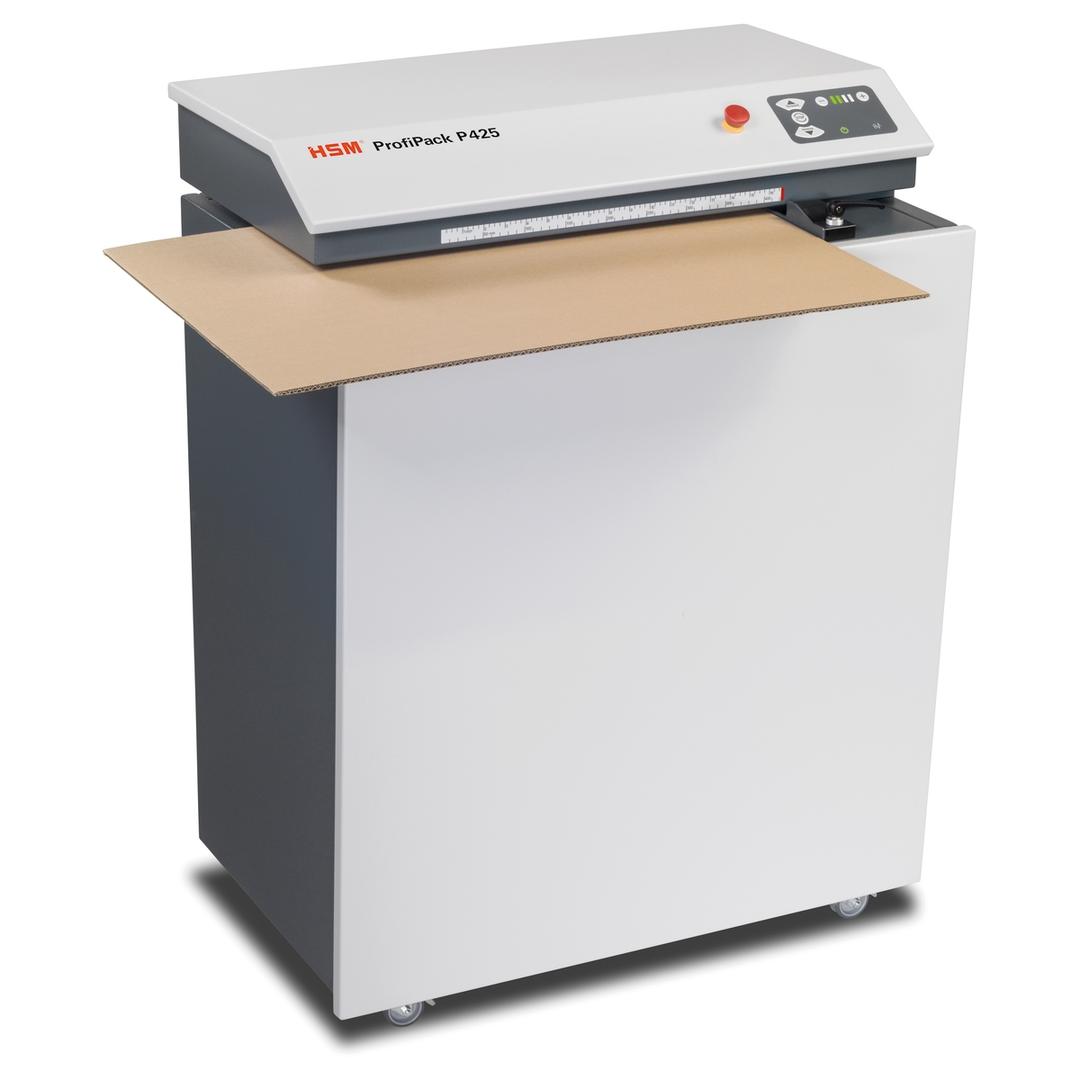 Matelasseur de cartons pour calage P425 ProfiPack monophasé HSM — Vue de droite en fonctionnement - 1 carton