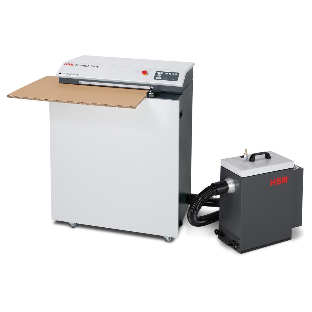 Matelasseur de cartons pour calage ProfiPack P425 monophasé avec kit d'adaptation pour aspiration HSM — Vue de gauche en fonctionnement avec dépoussiereur