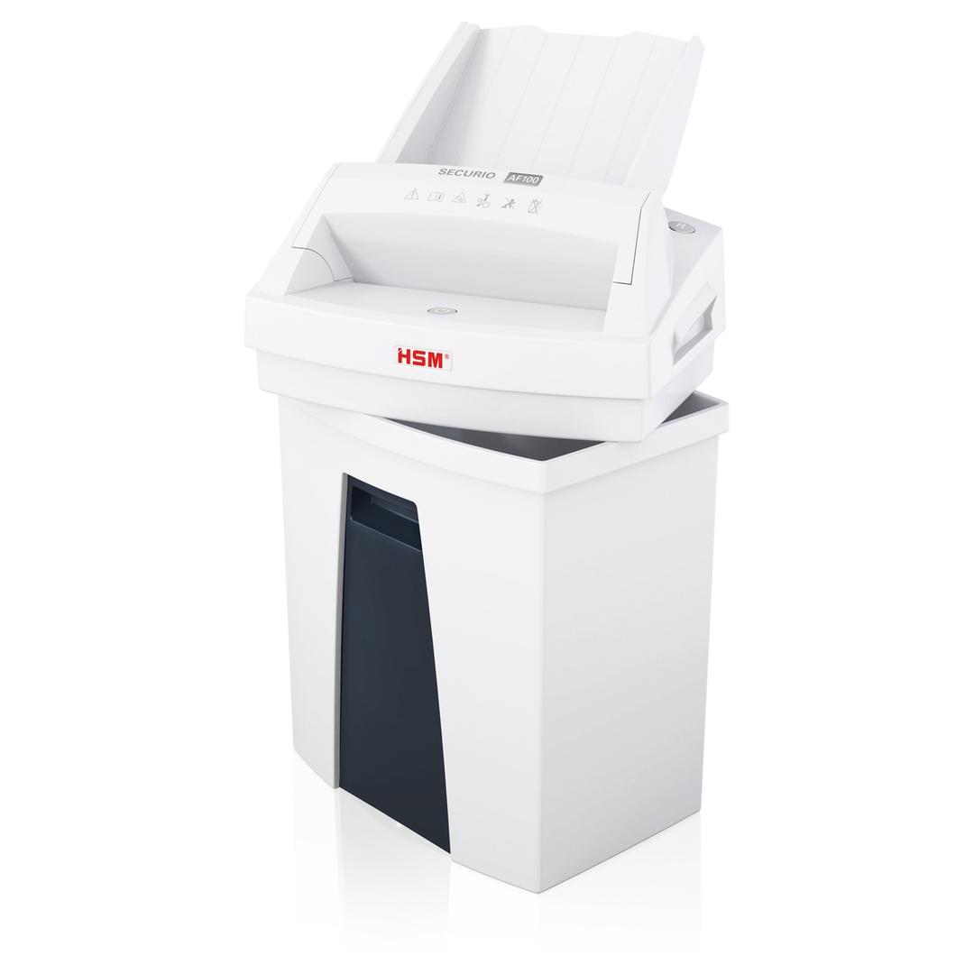 Destructeur de documents confidentiels P4 Coupe croisée Insertion papier automatique AF100 Securio AutoFeed 4 x 25 mm avec insertion papier automatique HSM — Bac collecteur ouvert