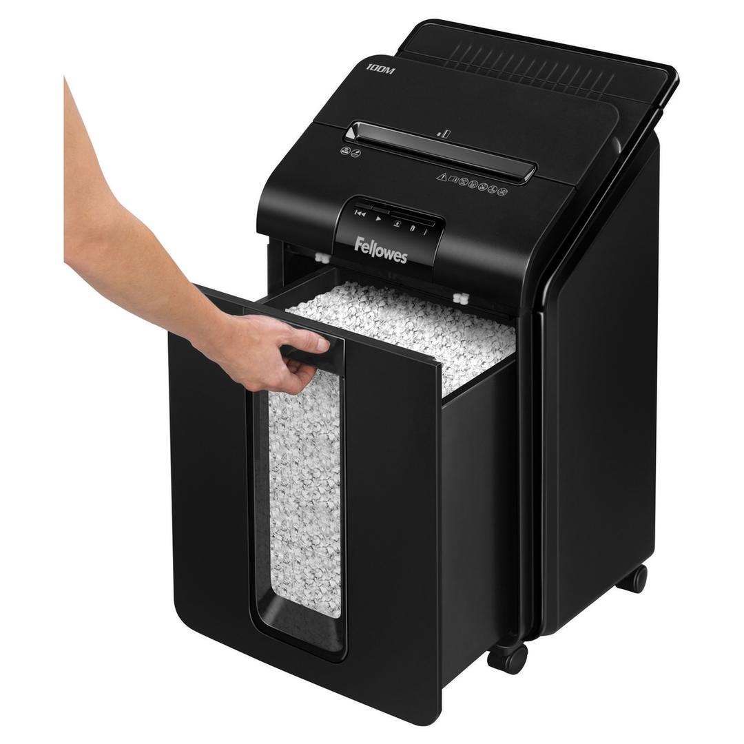 Destructeur de documents confidentiels P4 Coupe croisée Insertion papier automatique AutoMax 100M 4 x 10 mm avec insertion papier automatique FELLOWES — Bac extractible