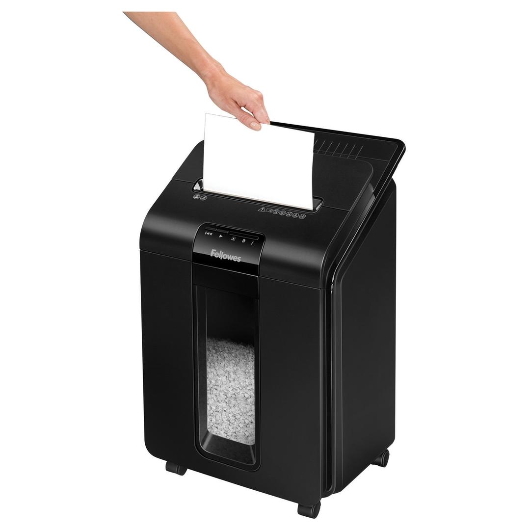 Destructeur de documents confidentiels P4 Coupe croisée Insertion papier automatique AutoMax 100M 4 x 10 mm avec insertion papier automatique FELLOWES — Insertion papier