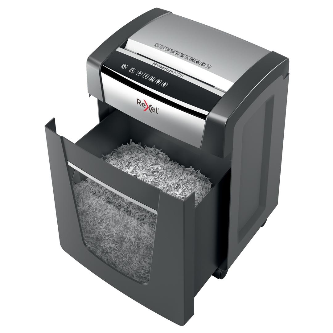 Destructeur de documents très confidentiels P5 Coupe croisée Momentum M515 2 x 15 mm REXEL — Bac collecteur ouvert