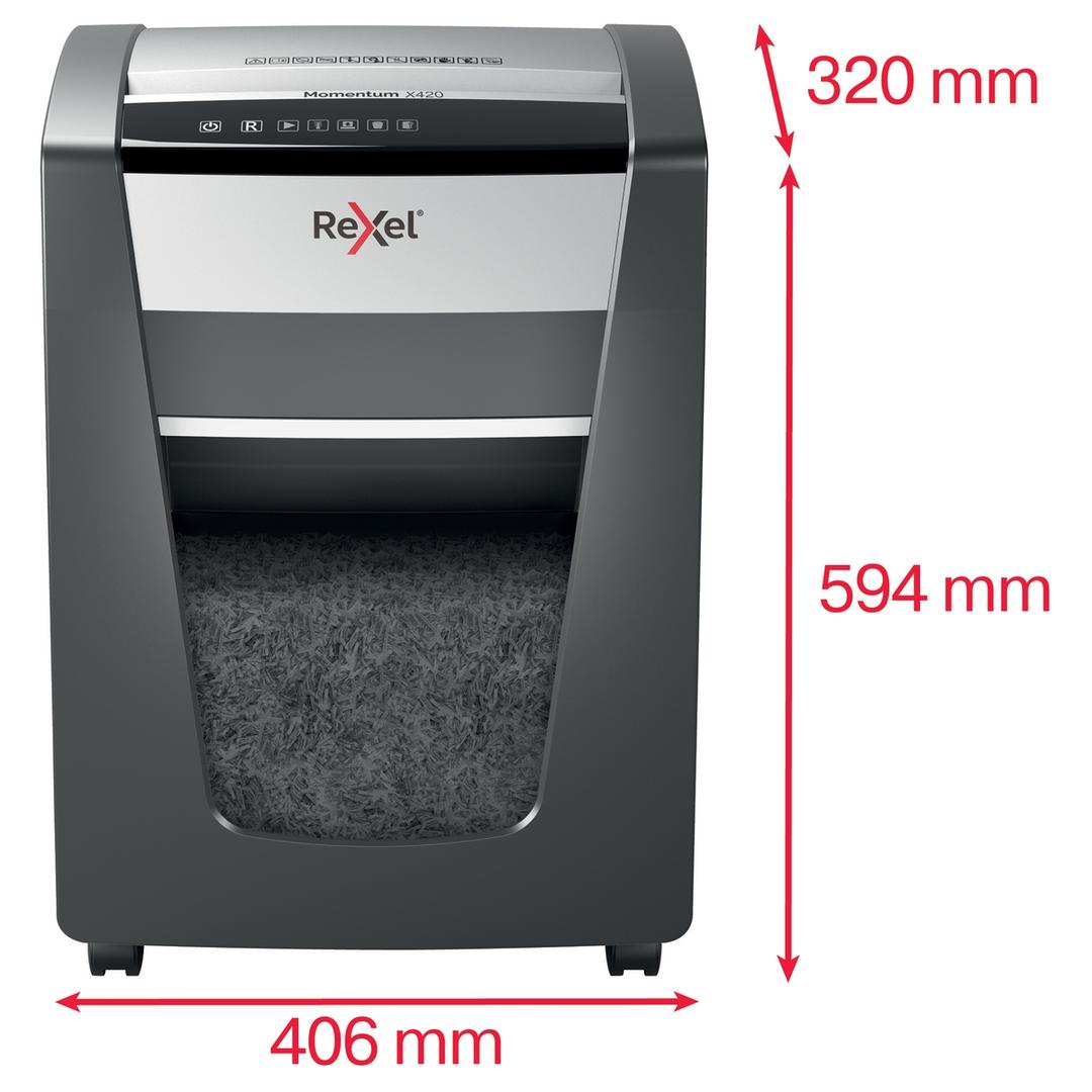 Destructeur de documents confidentiels P4 Coupe croisée Momentum X420 4 x 40 mm REXEL — Dimensions