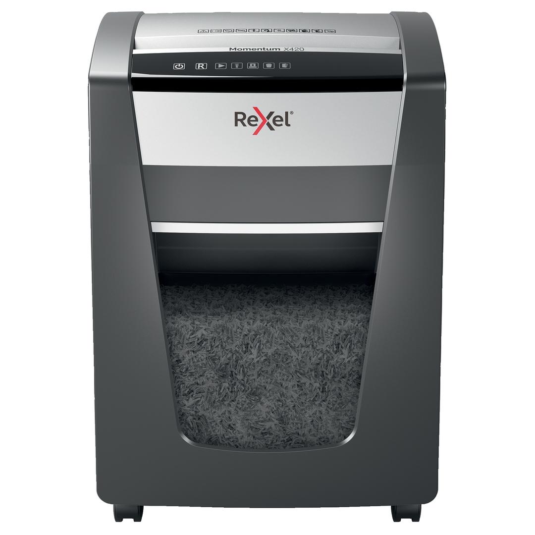 Destructeur de documents confidentiels P4 Coupe croisée Momentum X420 4 x 40 mm REXEL — Vue de face
