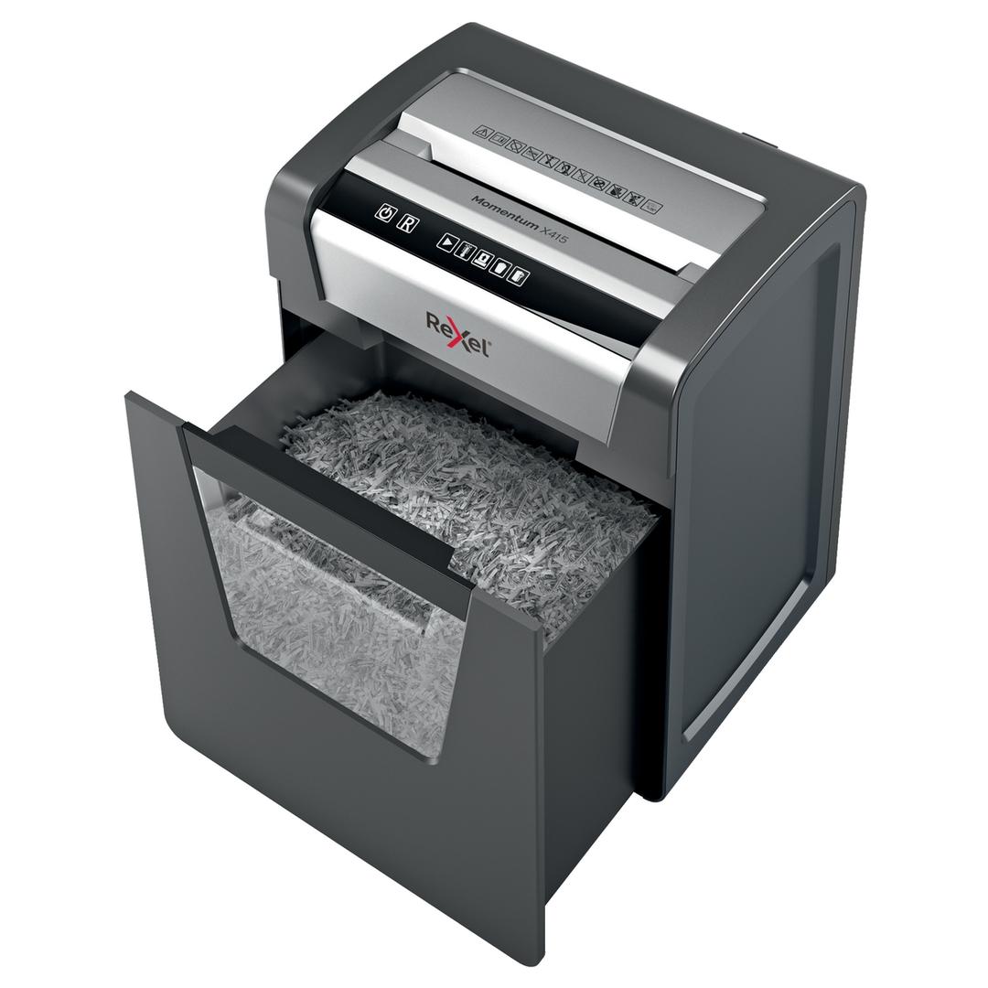 Destructeur de documents confidentiels P4 Coupe croisée Momentum X415 4 x 40 mm REXEL — Bac collecteur ouvert