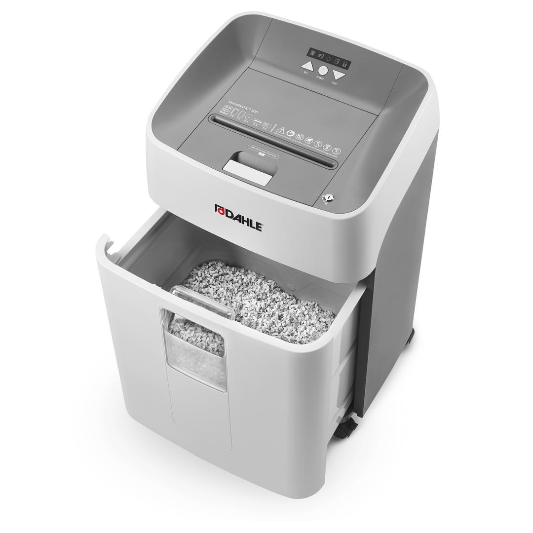 Destructeur de documents confidentiels P4 Coupe croisée Insertion papier automatique ShredMATIC 300 P-4 4 x 15 mm avec insertion papier automatique DAHLE — Bac collecteur ouvert