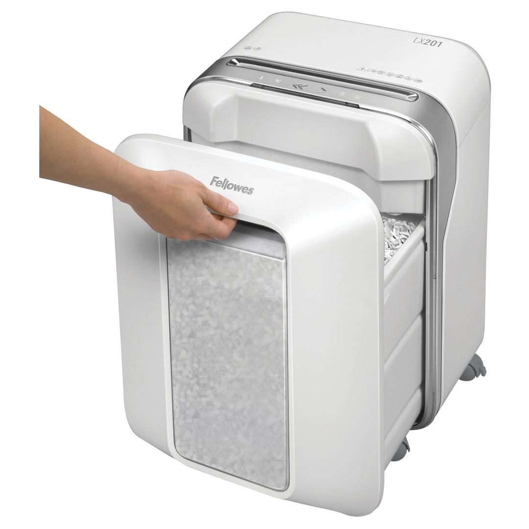 Destructeur de documents très confidentiels P5 Coupe croisée Powershred LX201 2 x 12 mm blanc FELLOWES — Bac extractible