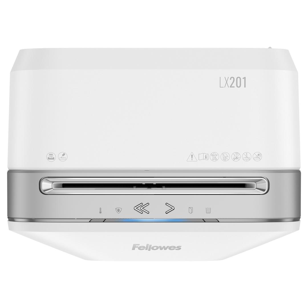 Destructeur de documents très confidentiels P5 Coupe croisée Powershred LX201 2 x 12 mm blanc FELLOWES — Vue de dessus