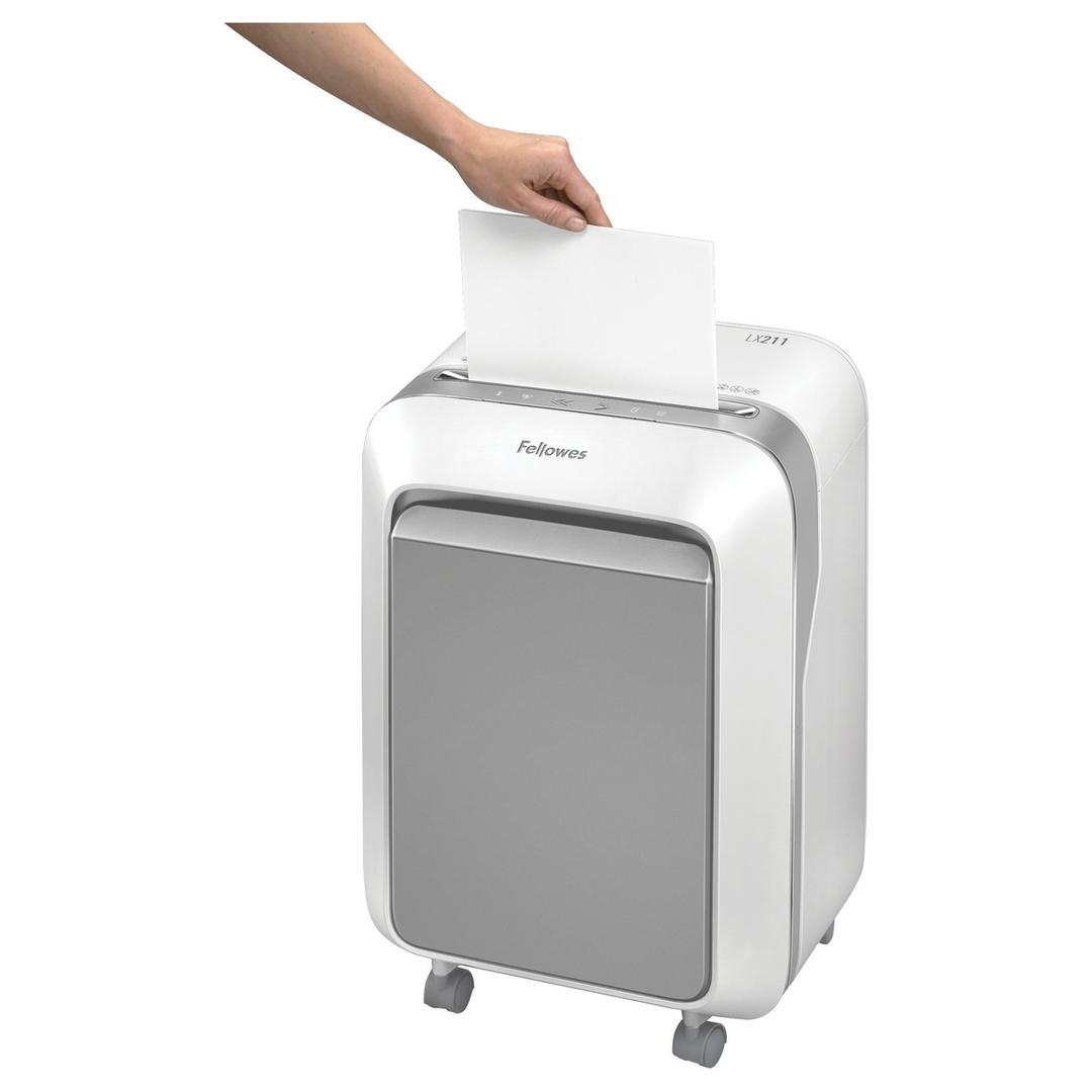 Destructeur de documents très confidentiels P5 Coupe croisée Powershred LX211 2 x 12 mm blanc FELLOWES — Insertion papier
