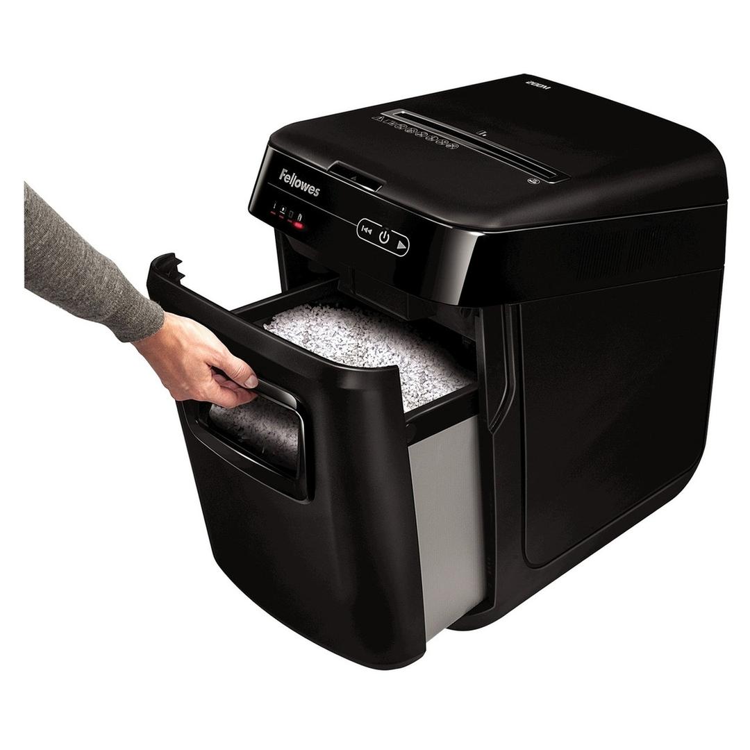 Destructeur de documents très confidentiels P5 Coupe croisée Insertion papier automatique AutoMax 200M 2 x 14 mm avec insertion papier automatique FELLOWES — Bac collecteur ouvert