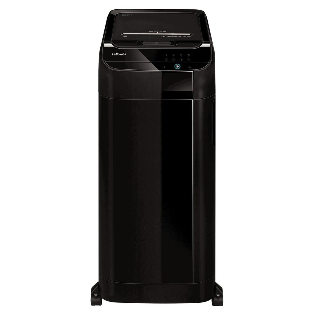 Destructeur de documents très confidentiels P5 Coupe croisée insertion papier automatique AutoMax 600M 2 x 12 mm avec insertion papier automatique FELLOWES — Vu de face, capot du chargeur automatique fermé