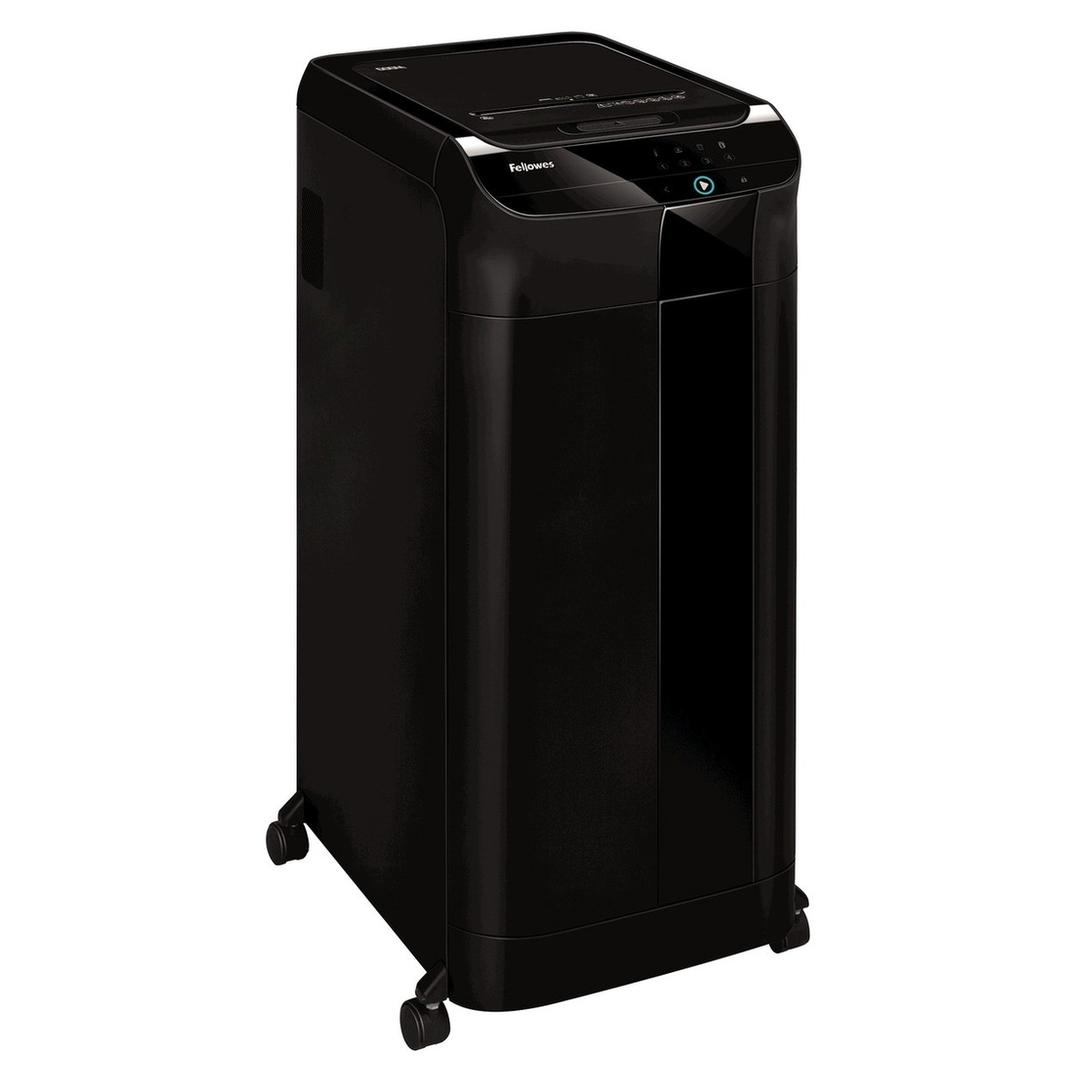 Destructeur de documents très confidentiels P5 Coupe croisée insertion papier automatique AutoMax 600M 2 x 12 mm avec insertion papier automatique FELLOWES — Vu de profil droit sur ses roulettes