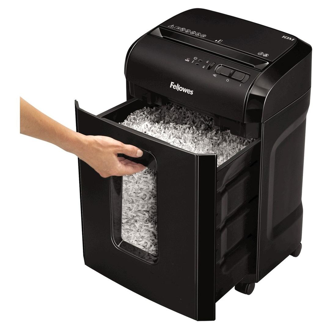 Destructeur de documents très confidentiels P5 Coupe croisée Powershred 10M 2 x 12 mm FELLOWES — Bac collecteur ouvert
