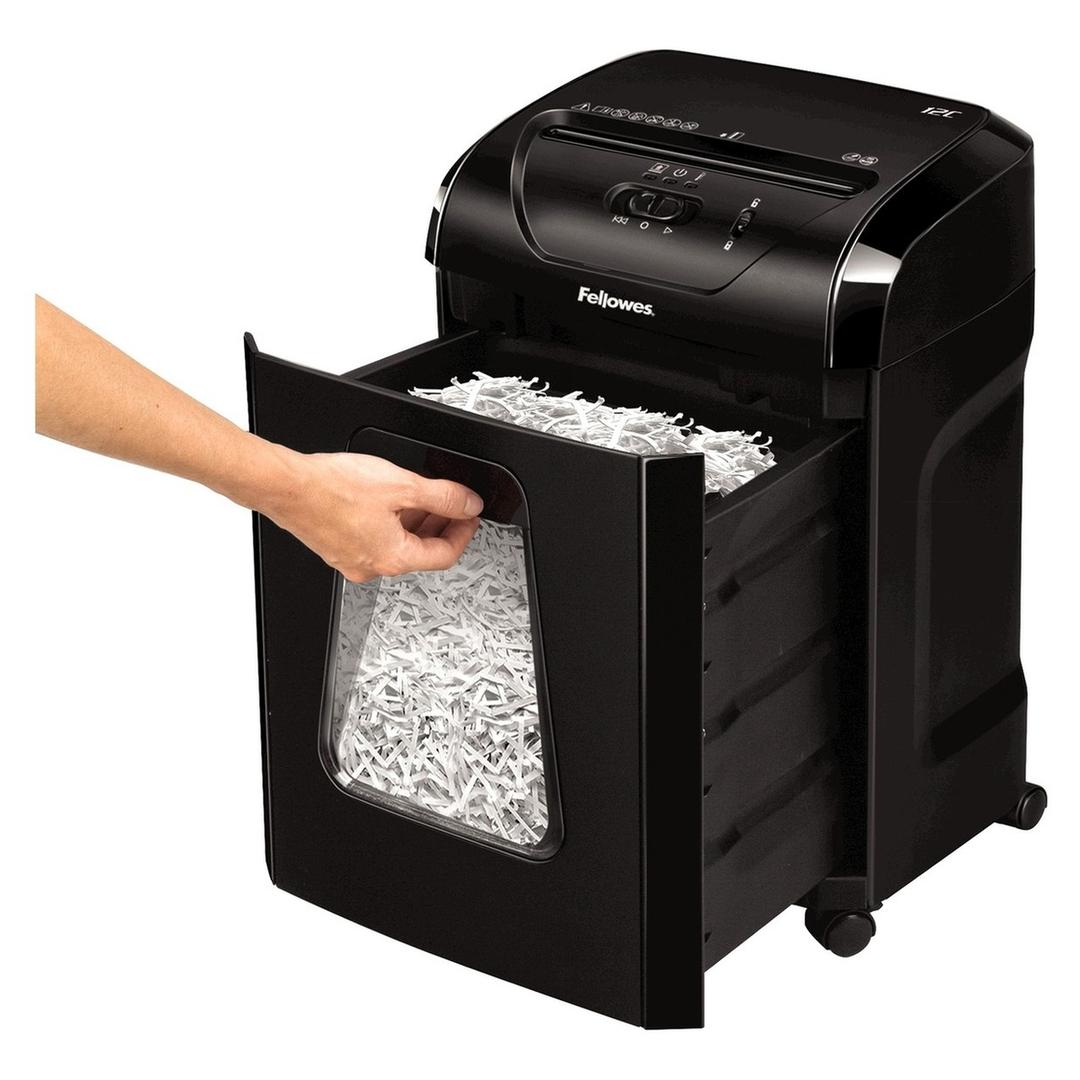Destructeur de documents confidentiels P4 Coupe croisée Powershred 12C 4 x 40 mm FELLOWES — Bac extractible de 19 litres tiré vers l'avant, rempli de particules