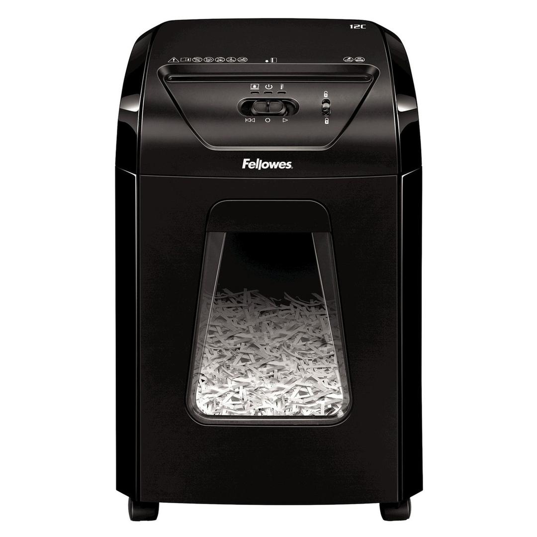 Destructeur de documents confidentiels P4 Coupe croisée Powershred 12C 4 x 40 mm FELLOWES — Vu de face, bandeau de commande et hublot de niveau du bac