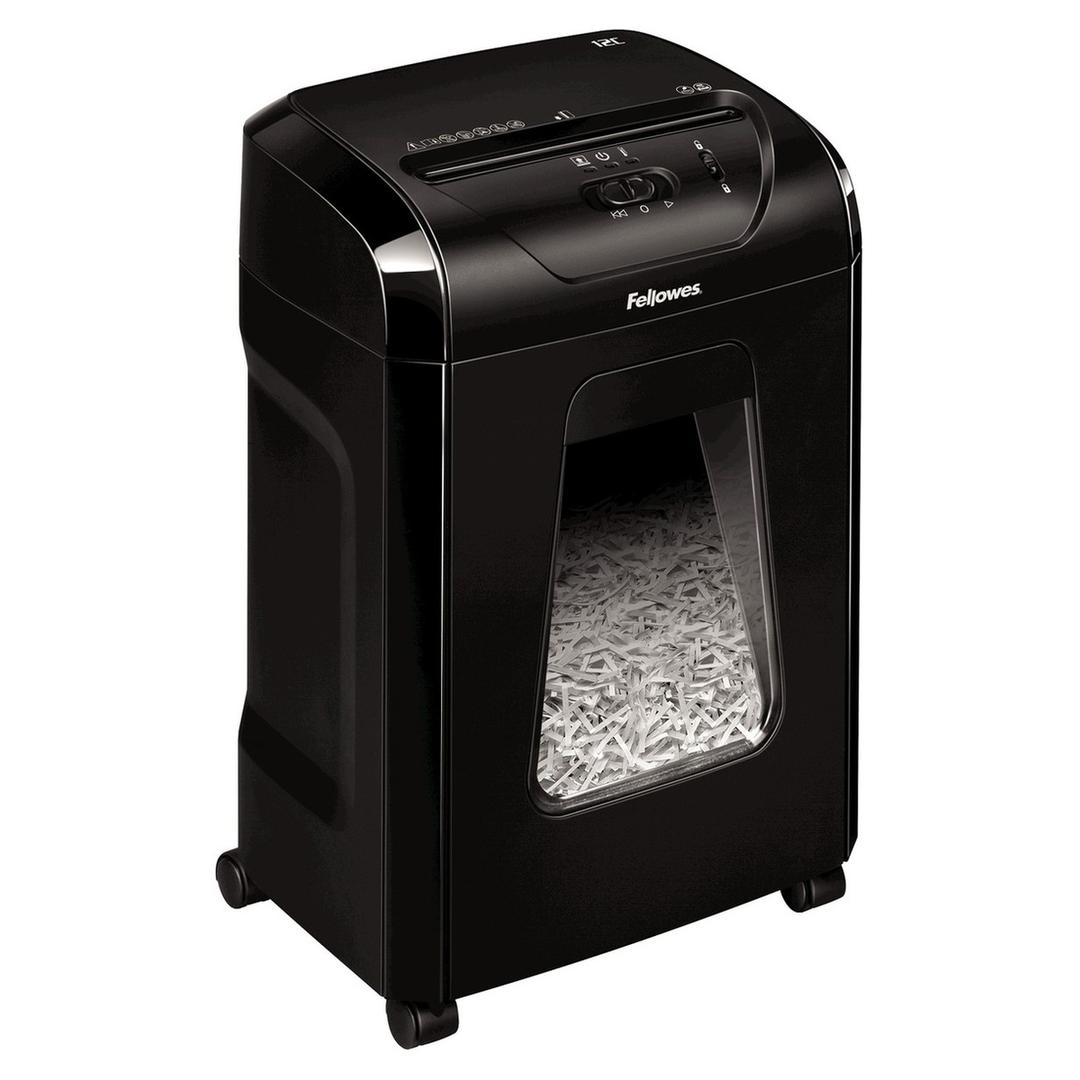 Destructeur de documents confidentiels P4 Coupe croisée Powershred 12C 4 x 40 mm FELLOWES — Vu de profil droit, bac extractible sur roulettes
