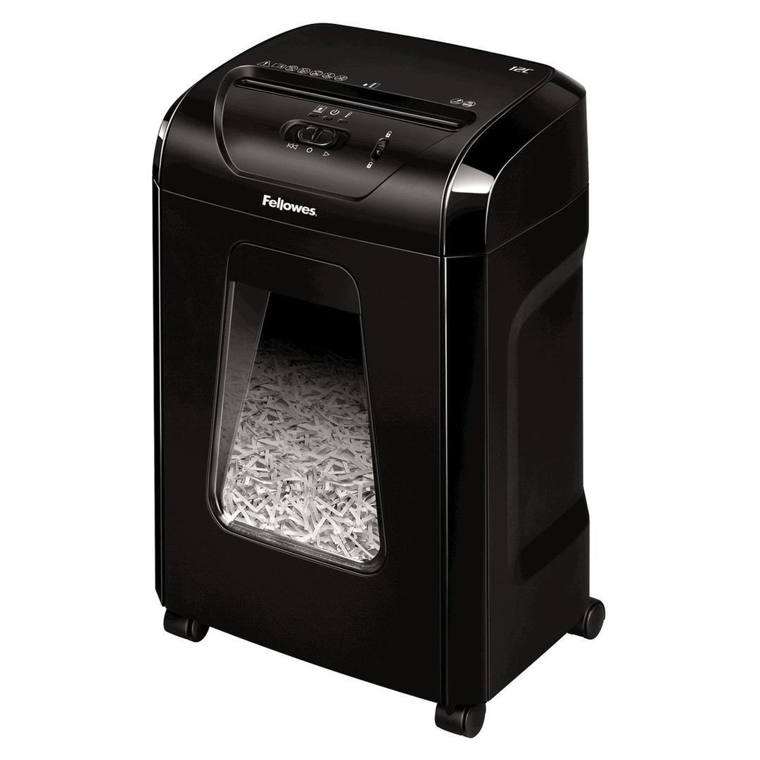 Destructeur de documents confidentiels P4 Coupe croisée Powershred 12C 4 x 40 mm FELLOWES — Vu de trois quarts sur ses roulettes, hublot de niveau sur le bac de 19 litres