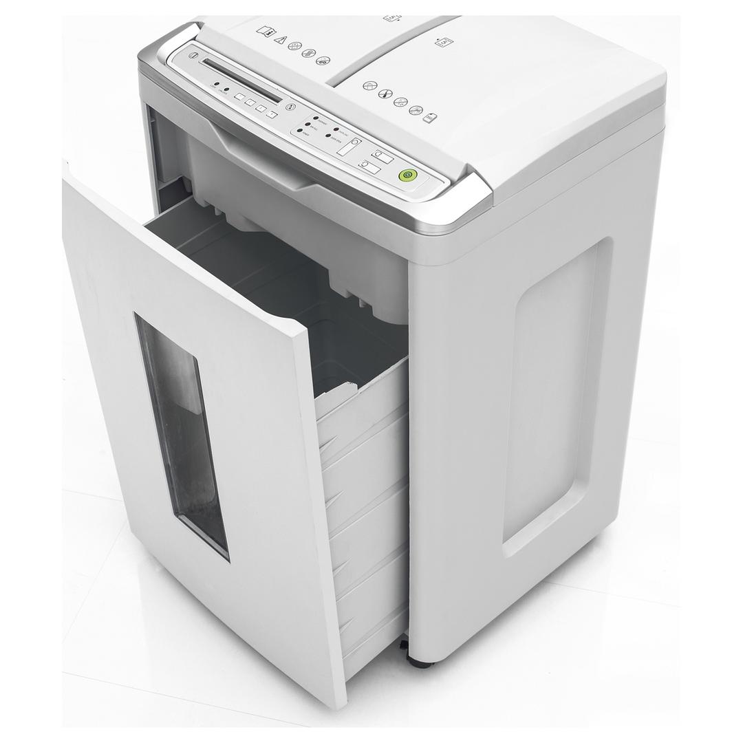 Destructeur de documents confidentiels P4 Coupe croisée Insertion papier automatique SHREDCAT 8285 AUTO-FEED C/C 4 x 10 mm avec insertion papier automatique IDEAL — Bac collecteur ouvert
