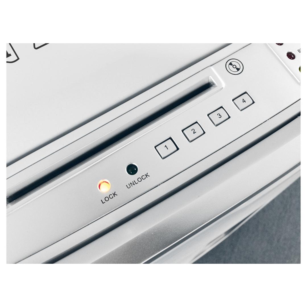 Destructeur de documents confidentiels P4 Coupe croisée Insertion papier automatique SHREDCAT 8285 AUTO-FEED C/C 4 x 10 mm avec insertion papier automatique IDEAL — Voyant lock allumé