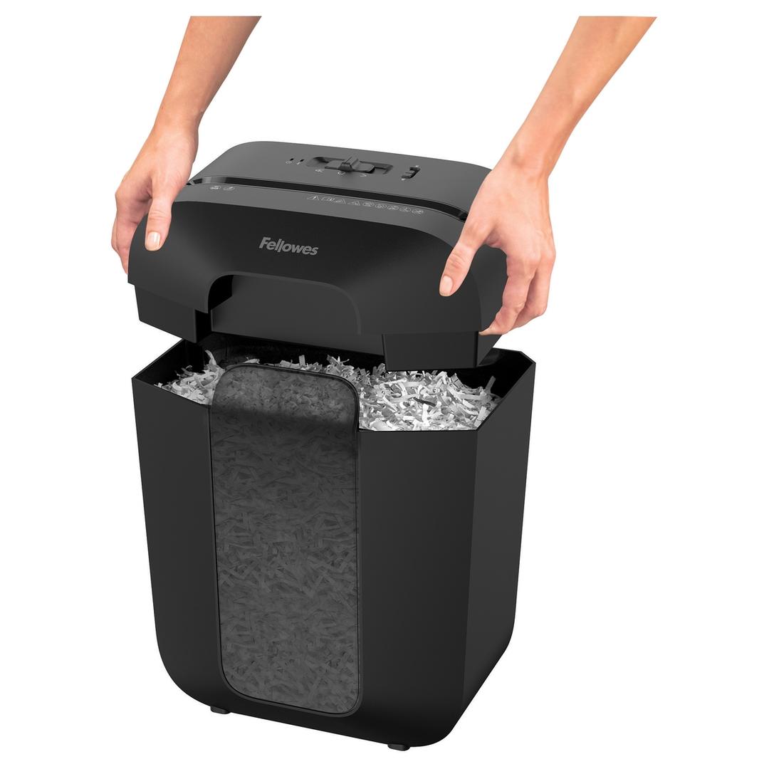 Destructeur de documents confidentiels P4 Coupe croisée Powershred LX45 4 x 37 mm FELLOWES — Bloc de coupe pose sur son bac - destructeur de papier fellowes
