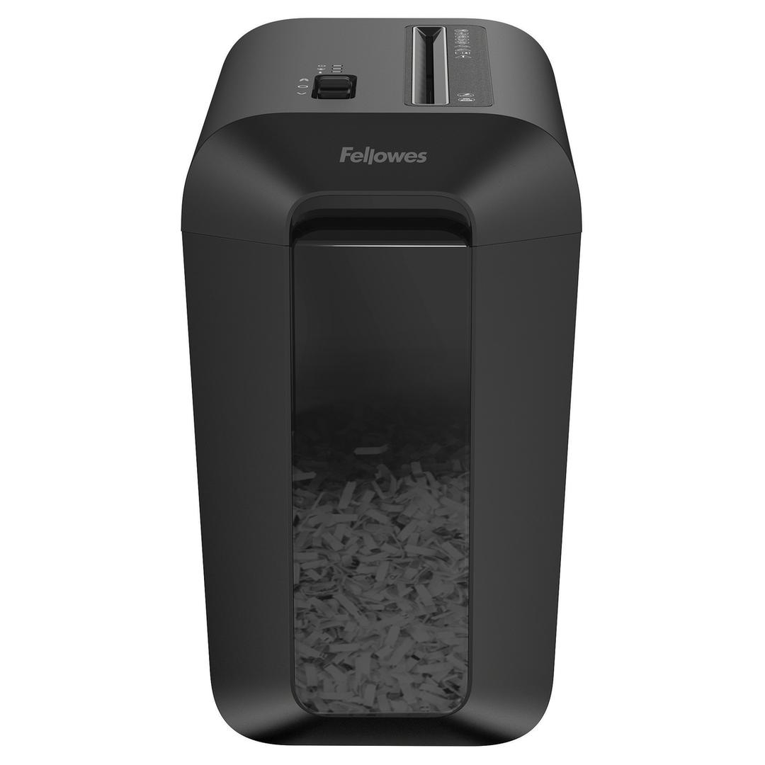 Destructeur de documents confidentiels P4 Coupe croisée Powershred LX65 4 x 40 mm FELLOWES — Vue de face - Fenêtre de visualisation du remplissage du bac - destructeur de papier fellowes