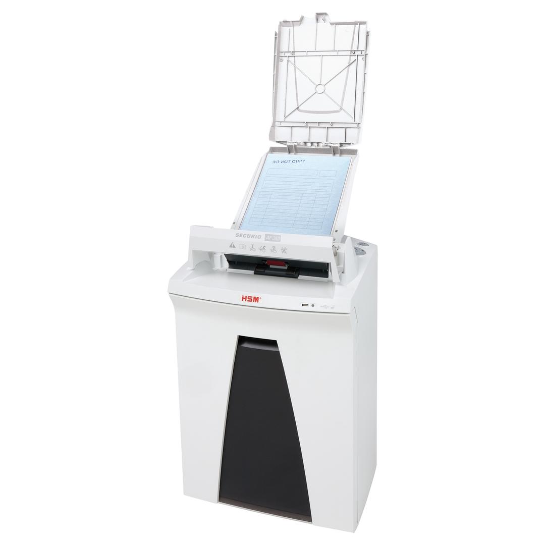 Destructeur de documents très confidentiels P5 Coupe croisée Insertion papier automatique AF350 Securio Autofeed 1,9 x 15 mm avec insertion papier automatique HSM — Chargeur ouvert